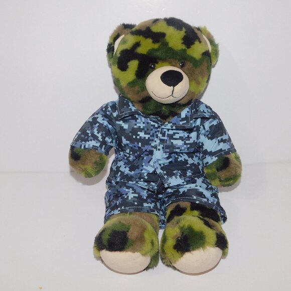 BAB Build a Bear Workshop Green Camo Teddy Bear with Blue Digital Camo Outfit - Picture 1 of 5